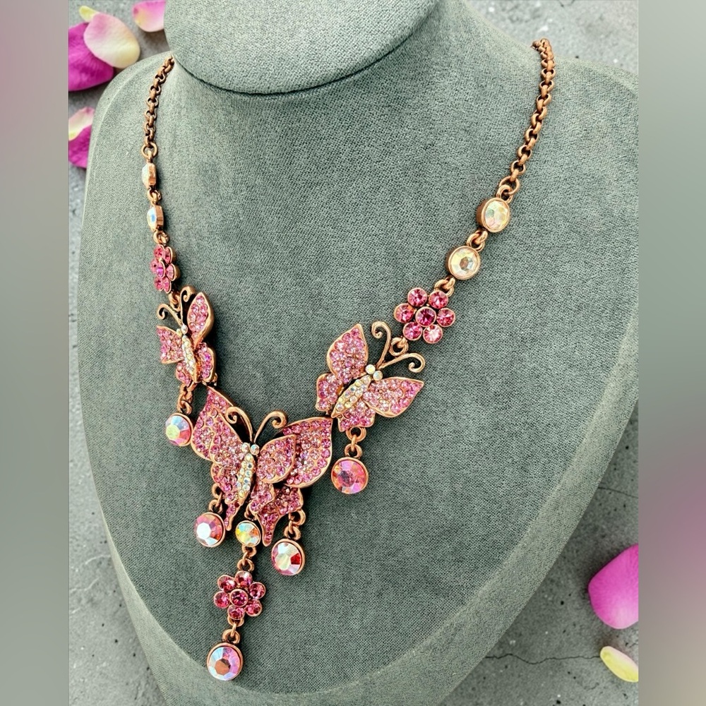 Kirks Folly Pink Butterfly Rhinestone Necklace AB Drop Signed 16”-19” whimsical - Picture 6 of 17